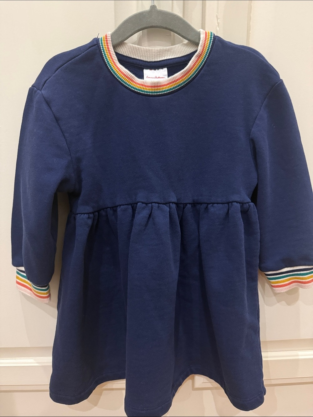 Hanna Andersson Navy Sweatshirt Dress with Rainbow Trim